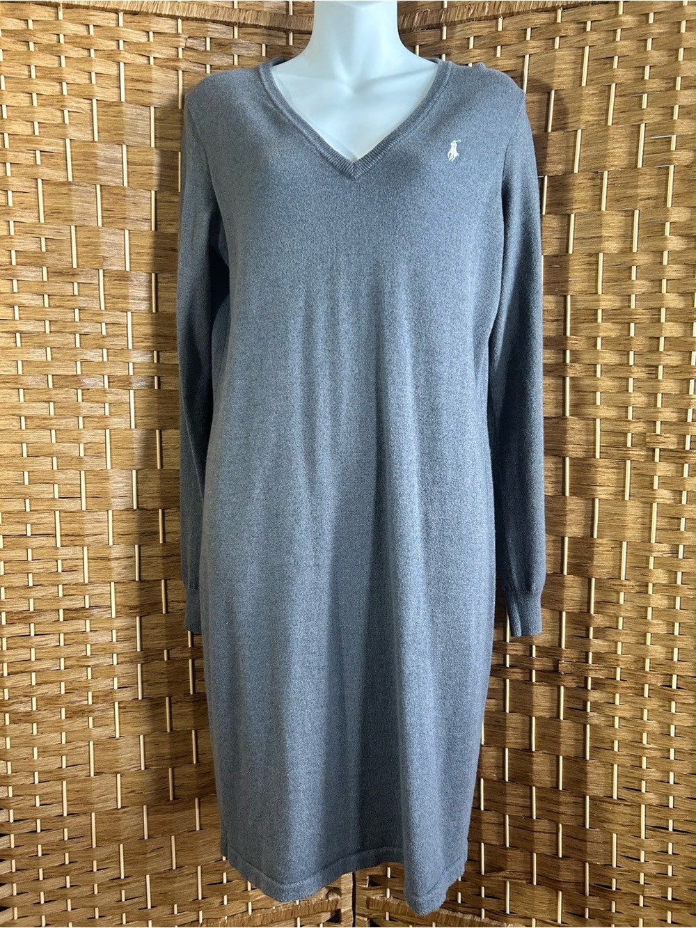 Ralph Lauren Sport Merino Wool Blend Gray V-Neck Sweater Dress Large